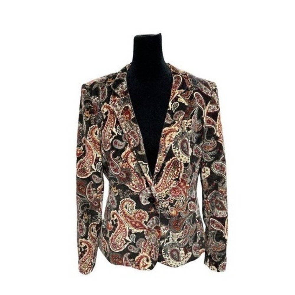 VTG Talbots Brown Paisley Velvet One Button Blazer Size‎ 10